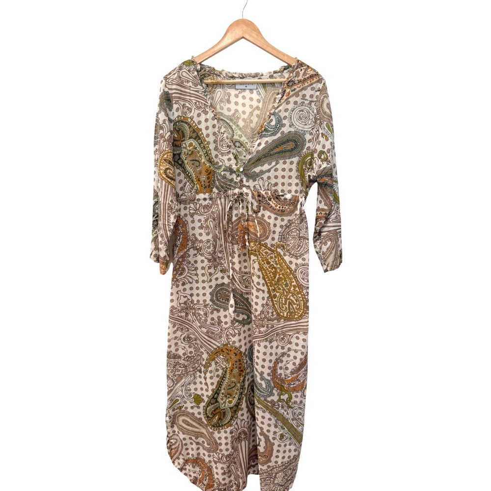 One Season Australia‎ Paisley Cotton Midi Dress XL Boho V-Neck Drawstring Kaftan